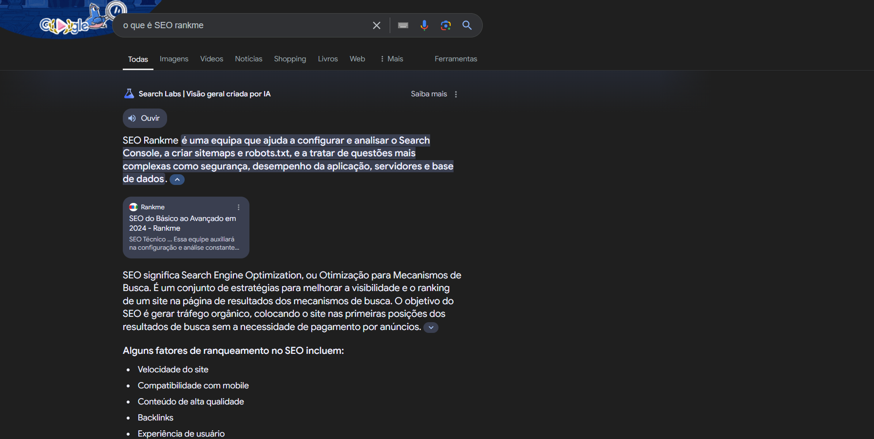Página de Busca com IA Overview Printscreen de uma página de busca pelo termo o que e seo rankme